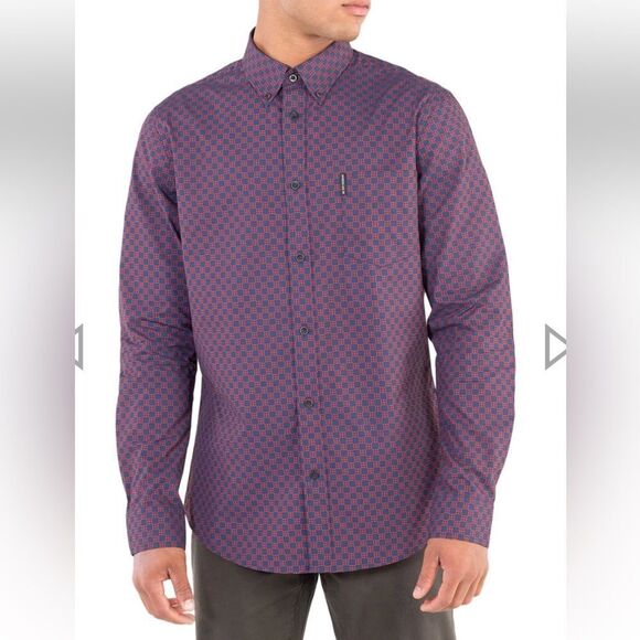 Ben Sherman LONG-SLEEVE PRINTED CHECKERBOARD SHIRT - BURNT ORANGE size S - Picture 1 of 9